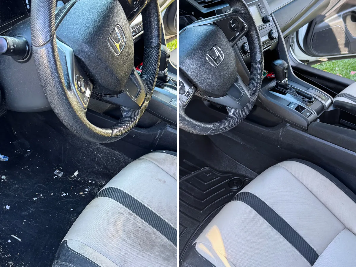 Honda Civic driver seat and floor before and after an interior detail in Cleveland, stains and pet hair removed