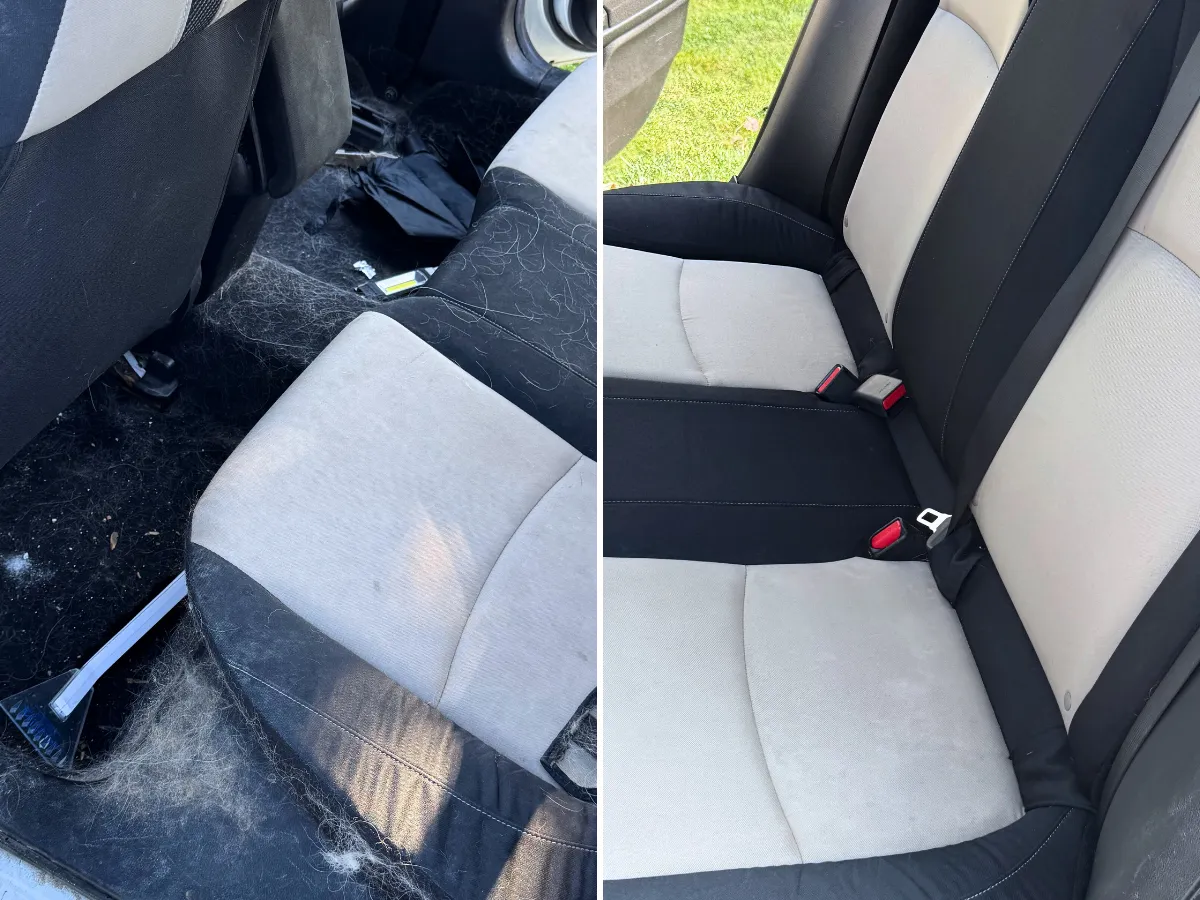 Rear cloth seats before and after pet hair and stain removal in Cleveland