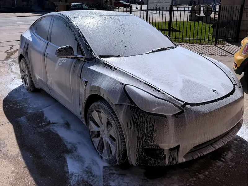 Mobile car detailing Tesla wash process - premium foam wash car detailing Westlake